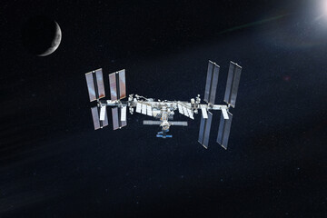 Wall Mural - international space station in outer space with moon. elements of this image furnished by nasa.