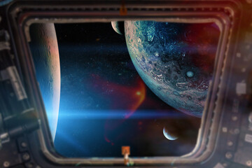 Wall Mural - alien planets view from a porthole of spacecraft. elements of this image furnished by nasa.