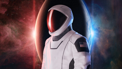 Wall Mural - cosmonaut exploring outer space on mars and earth background. elements of this image furnished by na