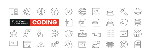 Set of 36 Programming and Coding line icons set. Coding outline icons with editable stroke collection. Includes Coding, Programmer, Website, Cloud Computing, Bug, and More.