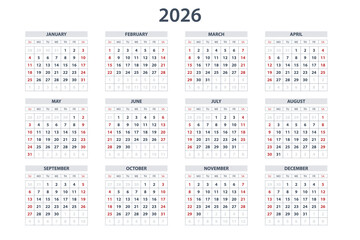 Wall Mural - Calendar Planner for 2026. Calendar template for 2026. Corporate and business calendar 26. Week Starts on Sunday