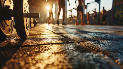 A group of people walking on a tiled floor during sunset