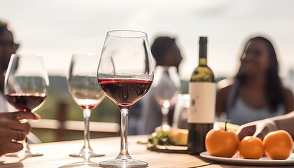 happy friends drinking red wine sitting at winery restaurant balcony ,group of people having bbq din