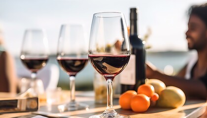 happy friends drinking red wine sitting at winery restaurant balcony ,group of people having bbq din