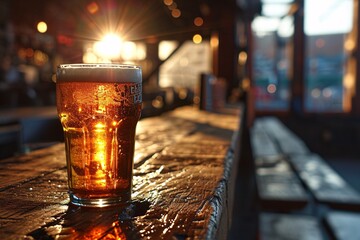 A glass of beer on a wooden table.