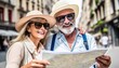 © Malynka - Married couple of tourists sightseeing city street with map , Happy husband and wife enjoying summer vacation together , Touristic life style concept with aged woman and man traveling European city