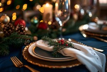 A Table Set For Christmas Dinner With A Candle And A Glass Of Wine.