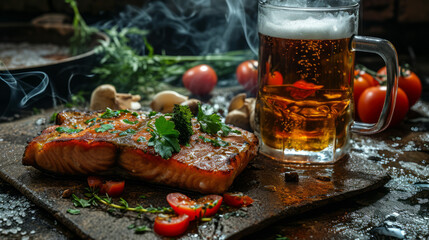 Wall Mural - Roast trout steak with vegetables and beer in close-up with smoke on a dark background. Restaurant serving.