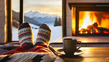 Cozy Afternoon Relaxing In Front Of A Burning Fireplace During The Winter With Beautiful Snowy Mountain Views In The Background