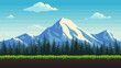 Pixel art game mountain location. Summer seamless background with snow capped peaks, fir tree forest and grass. 8-bit retro style illustration for video arcade.