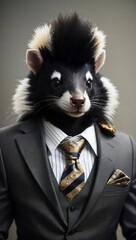 Wall Mural - Skunk in a Luxurious Colorful Professional Suit. Animal posing with a charismatic human attitude. Fun Concept in a Simple Plain Background. Creative Marketing and Branding Concept.