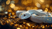 Albino Snake With Blurred Gold Background, Glitter And Blurred Background, White Snake Represent Year Of Snake, Happy Chinese New Year,