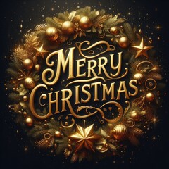 Wall Mural - Gold Christmas and New Year Typographical on black Xmas background with winter landscape with snowflakes, light, stars. Merry Christmas card. Created with generative AI.