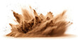 Sand explosion, with vibrant splashes of gold. Isolated on white background