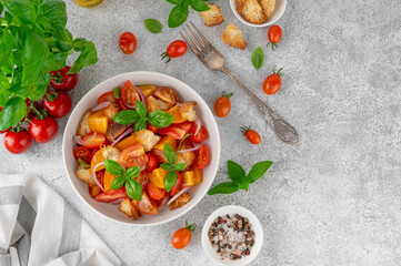 Wall Mural - Traditional italian tomato salad panzanella with red onion, fresh basil and croutons in a bowl. Summer salad.