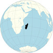 The orthographic projection of the world map with Madagascar at its center. an island country in the Indian Ocean, off the coast of East Africa