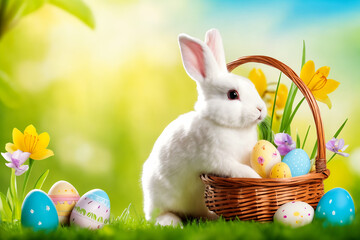 Wall Mural - Bunny and easter eggs on green grass - Illustration