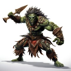 Wall Mural - Tribal looking muscular green monster with black hair wearing leather armor and belts  and a weapon in his hands isolated on white background. Fantasy creature.