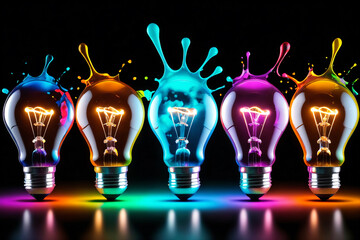 Poster - Glowing lightbulb with colorful splashes on dark background