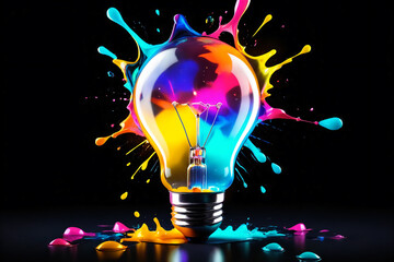 Poster - Glowing lightbulb with colorful splashes on dark background