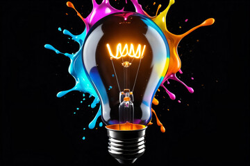 Poster - Glowing lightbulb with colorful splashes on dark background