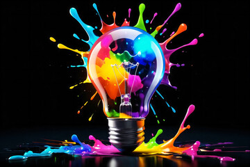 Poster - Glowing lightbulb with colorful splashes on dark background