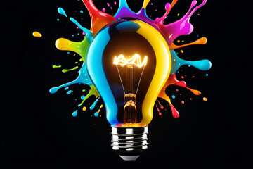 Poster - Glowing lightbulb with colorful splashes on dark background