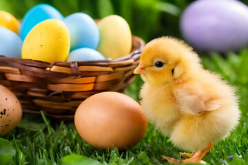 Wall Mural - Yellow chick and easter eggs on green grass