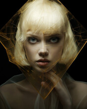 Generative AI Image Of A Blonde Woman With A Gaze Framed By A Geometric Gold Crystal Structure, Showcasing A Modern Digital Art Aesthetic.