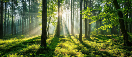 Wall Mural - sun rays through the forest