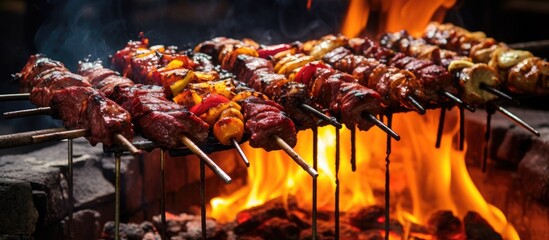 Canvas Print - Assorted meats on skewers, grilled over charcoal and fire, in traditional street food style.