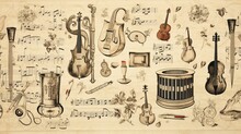 A Repeating Pattern Of Vintage Music Notes And Instruments, Great For A Musical-themed Vector Background.
