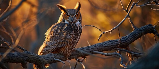 Sticker - Great horned owl perched on branch at sunset