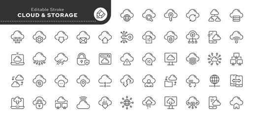 Set of line icons in linear style. Series - Cloud and Storage.Digital database, protection, transmission and retrieval of information, server. Outline icon collection. Conceptual pictogram