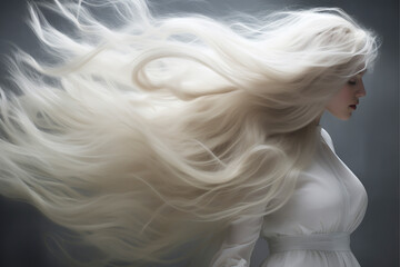 Wall Mural - Ethereal and angelic close-up portrait of a beautiful young woman with long fluttering white blonde hair on a gray background