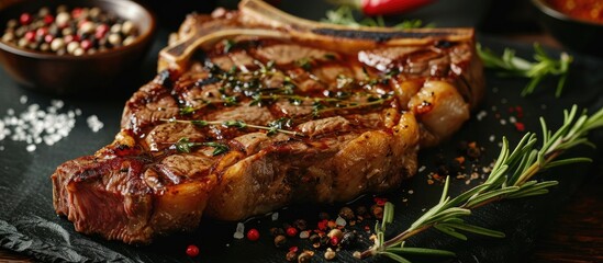 Canvas Print - Wagu T-Bone Steak grilled medium rare with spices on a black table. American meat restaurant.