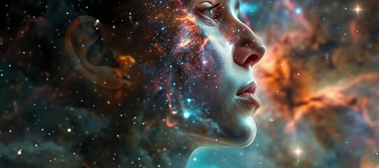 Wall Mural - person with a galaxy for a face, stars and nebulae shining brightly