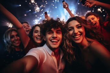 Wall Mural - Happy young people taking selfie with fireworks in background