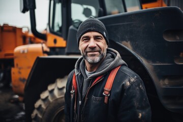 Canvas Print - Smiling Portrait of a Construction Worker in Front of Heavy Machinery