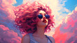 Reflejo de Verano: Ilustración de Mujer y pelo rizado con gafas nubes de fondo 