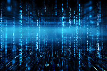 Blue digital binary data on computer screen background