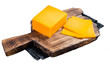 Slices of Cheddar Cheese on a wooden cutting board. Transparent background. Isolated.