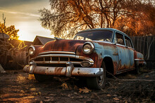 Generative AI Illustration Of Vintage Rusted Car Abandoned In A Rural Setting Basking In The Golden Hues Of A Sunset