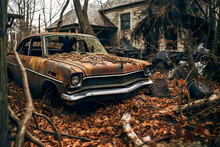 Generative AI Illustration Of Derelict Vintage Car In A Wooded Area With Overgrown Foliage And A Decaying House In The Background