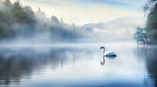 Swan Gracefully Gliding In A Serene, Mist-covered Lake