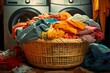 Clothes accumulate, creating a messy scene within the confines of the laundry basket