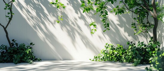 Sticker - Stylish Mediterranean summer backdrop - lush foliage casting shadows on white wall, floor, with space for text.