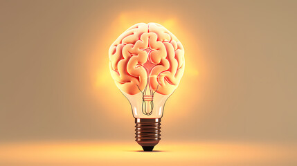 Wall Mural - Creative idea of brain inside light bulb with idea or brainstorming concept on beige background