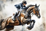 Fototapeta  - Watercolor painting of hunter jumper equestrian equipment and horse riding sports. Generative AI