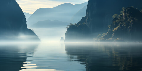 Wall Mural - predawn fog in a tropical coast with rocky cliffs